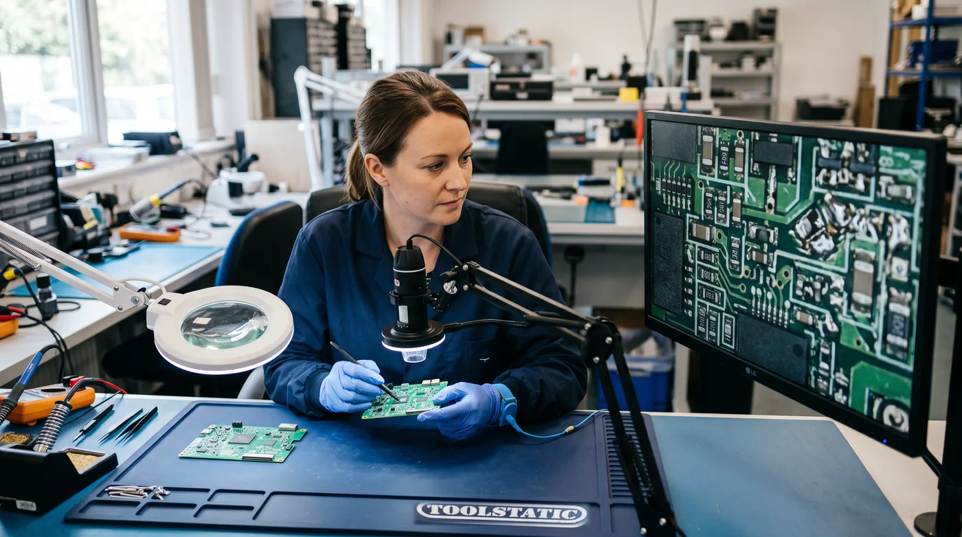 Mikroskop cyfrowy i lupa z lampą LED na stanowisku inspekcji PCB Toolstatic