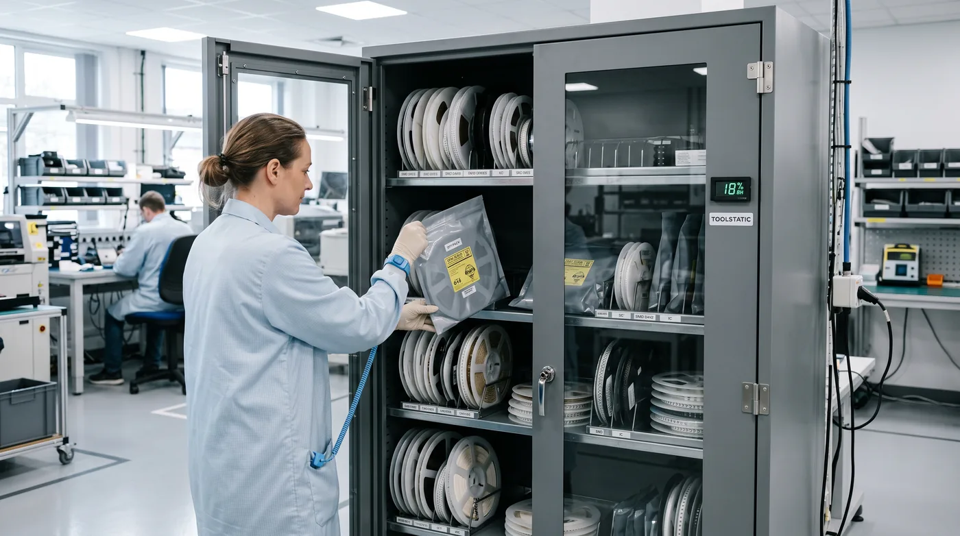 Szafa klimatyczna ESD z rolkami komponentów i wskazaniem wilgotności, magazyn Toolstatic