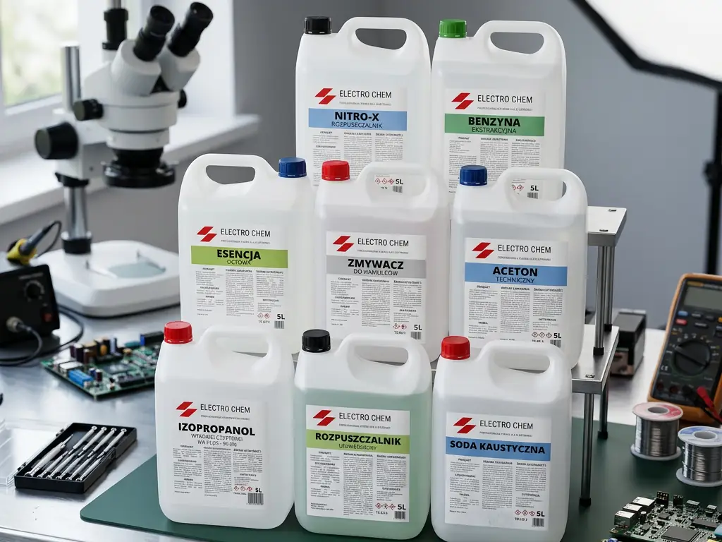 Linia chemii przemysłowej Electro Chem w kanistrach 5 l: izopropanol, aceton, benzyna, zmywacz, rozpuszczalnik, nitro