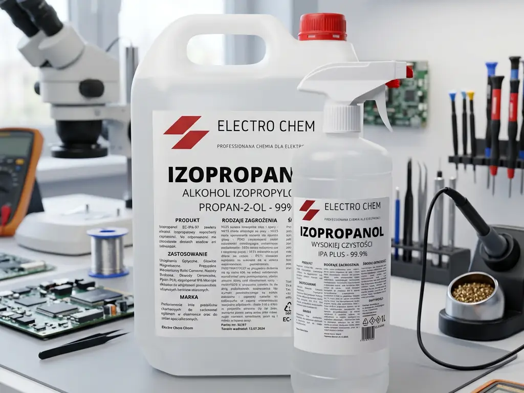 Kanister izopropanolu Electro Chem 5 l i butelka z atomizerem na stanowisku serwisowym z mikroskopem