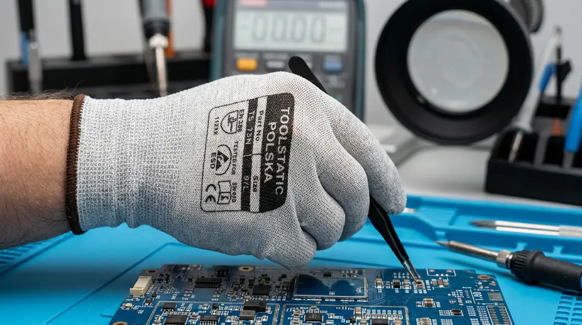 Rękawiczka antystatyczna ESD Toolstatic Polska z etykietą podczas pracy z płytką drukowaną na macie ESD