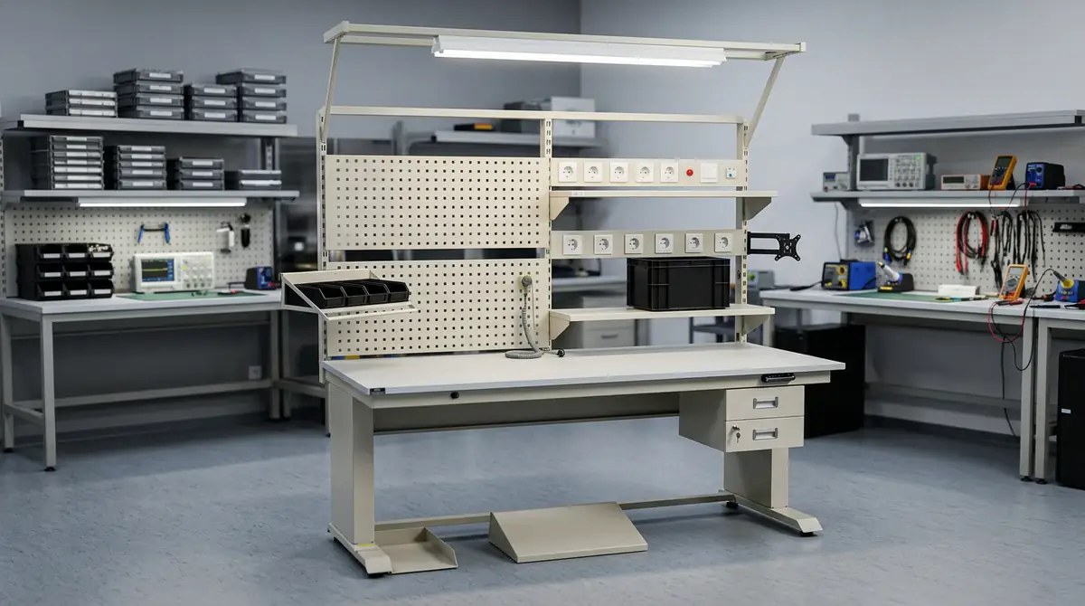 Stół antystatyczny ESD Toolstatic z regulacją wysokości w hali montażu elektroniki