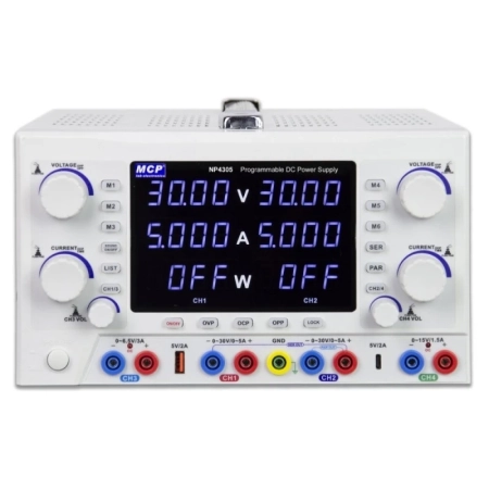 Zasilacz laboratoryjny MCP ND4305 DC 2x30 V/5 A + 15 V/1.5 A, 180 W