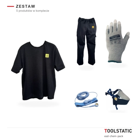 Komplet operatora ESD: t-shirt antystatyczny czarny L, spodnie ESD czarne L, rękawiczki z nakrapianymi palcami, opaska n