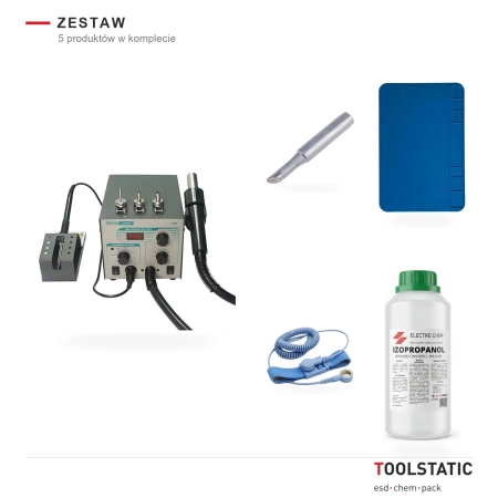 Zestaw stanowisko lutownicze 2w1: Quick 706W+, grot Q-T-4C, mata ESD 30x20, opaska antystatyczna i izopropanol