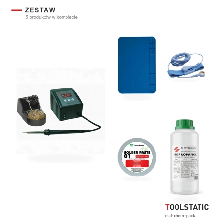 Zestaw stanowisko lutownicze: stacja Xytronic LF399D, mata ESD 30x20, opaska antystatyczna, pasta lutownicza i izopropan