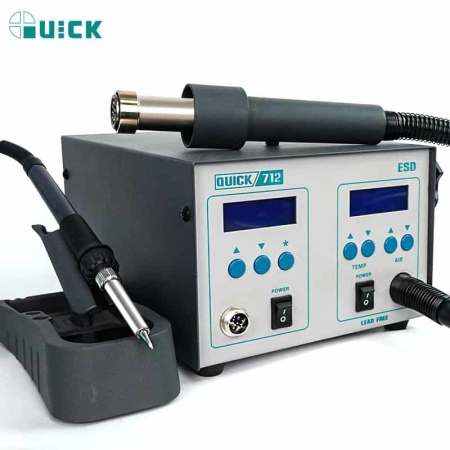 Zestaw lutowniczy Quick 712 – stacja 90 W + HOT AIR 1000 W – panel z regulacją obu kanałów i wyposażenie zestawu